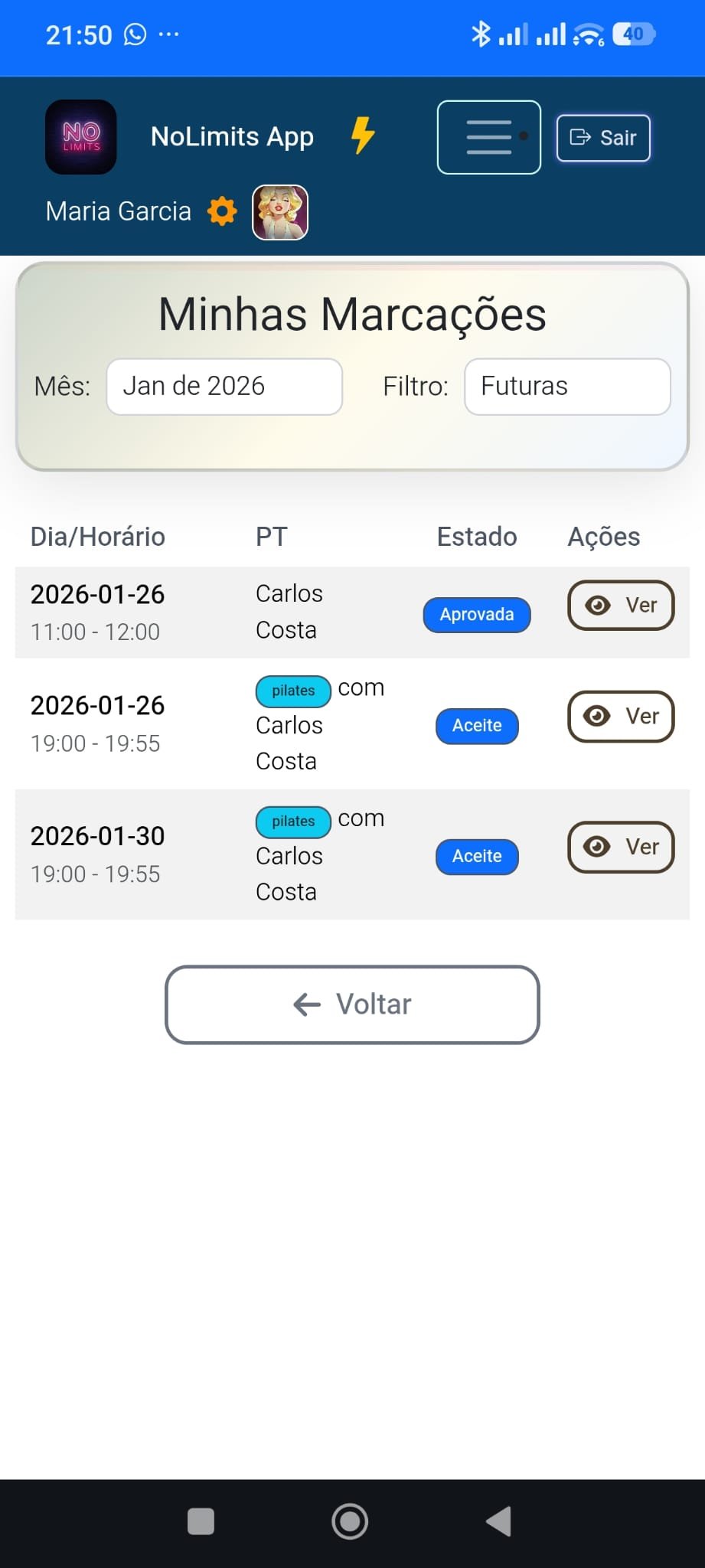Agenda diária FlexTime - visão clara dos horários marcados