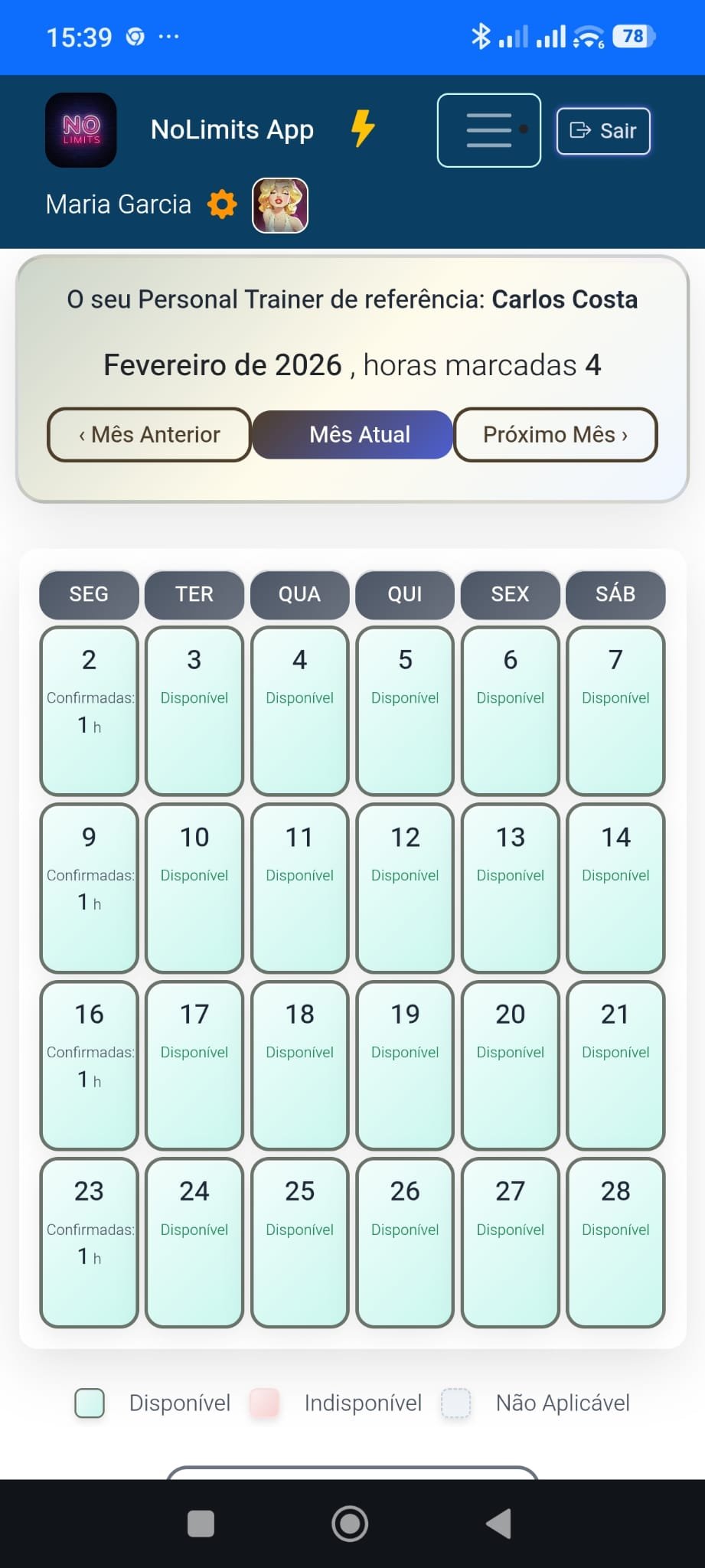 Calendário mensal FlexTime - disponibilidade e controlo de agenda para ginásios