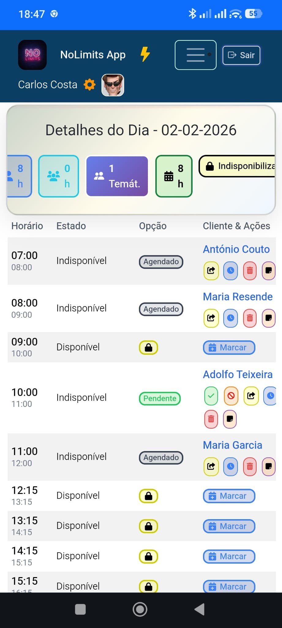 Detalhes do dia FlexTime - aprovar, cancelar, transferir, remarcar